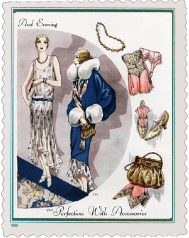 Art Deco fashion plate — evening looks paired with accessories